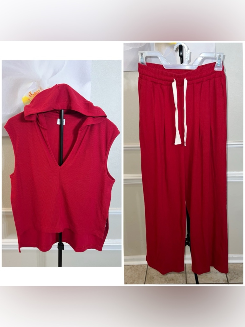 2 PIECE SET: Women’s Red Sleeveless Hooded Top & Wide-Leg Pants! Size Small.